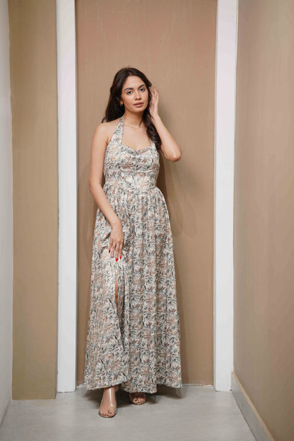 LEAFY HALTER DRESS