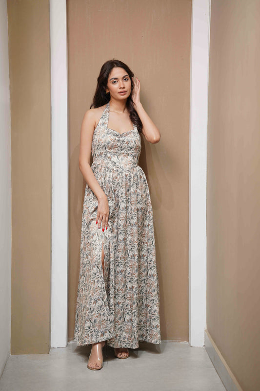 LEAFY HALTER DRESS